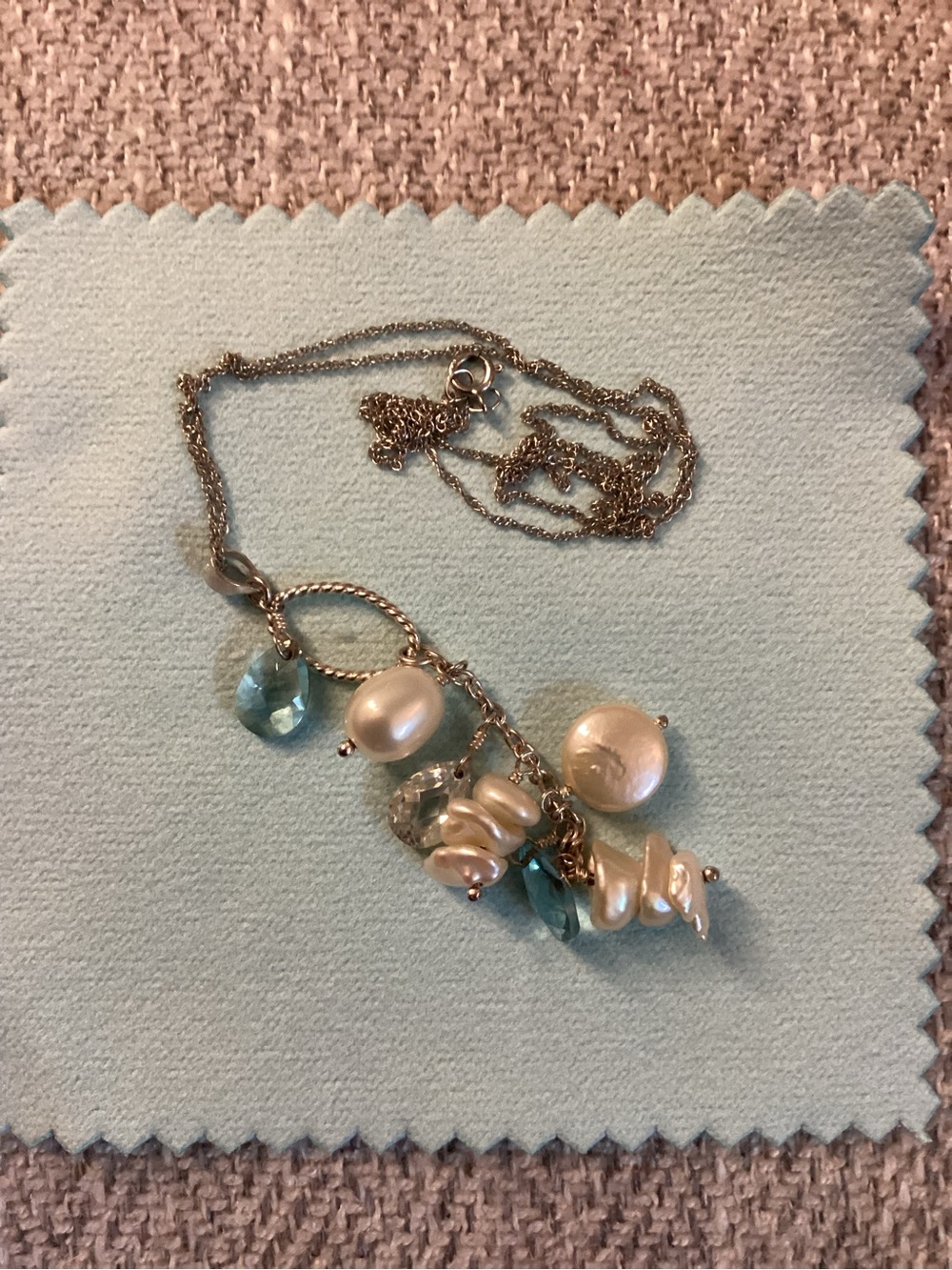 Freshwater Pearl and Aqua Crystal Pendant on Silver Necklace - Women's Jewelry